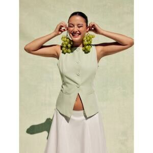 Cider Woven Boat Neck Solid Button Vest Minimalist Preppy Chic Pale Green Sz XL